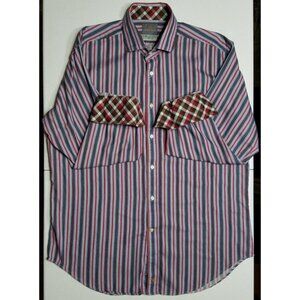 Thomas Dean TD Long Sleeve Button Up Flip Cuff Gray/Red Striped Shirt Men's L